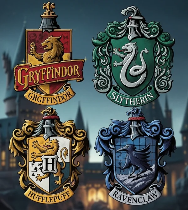 Les blasons des maisons de Poudlard : Gryffondor, Serpentard, etc.