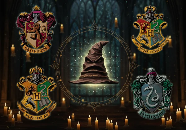 The four Hogwarts house crests in a magical setting.