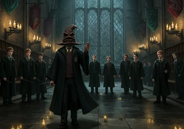 Sorting Hat on a student's head, other students watching.