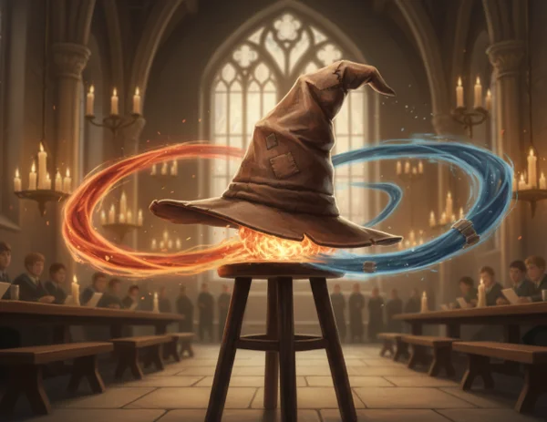 Sorting hat and two glowing house colors