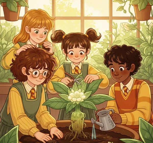 Hufflepuff students working together