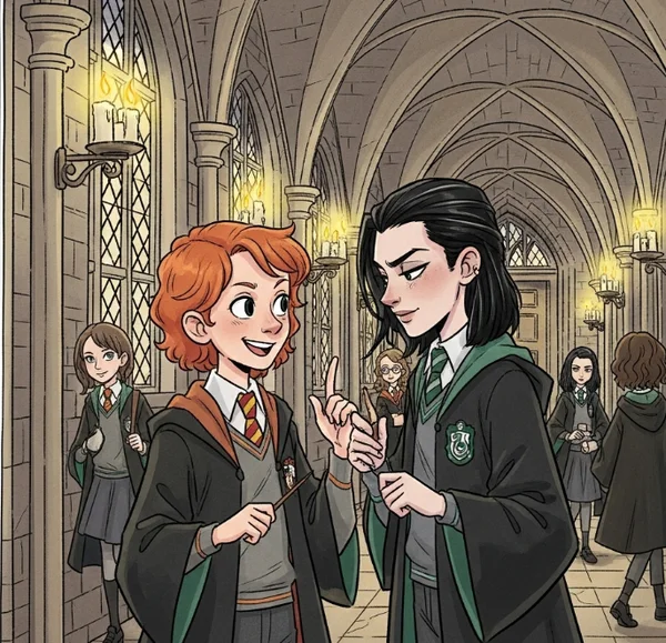 Gryffindor and Slytherin students interacting