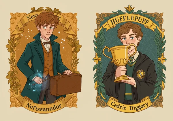 Illustrations of Newt Scamander and Cedric Diggory side by side.