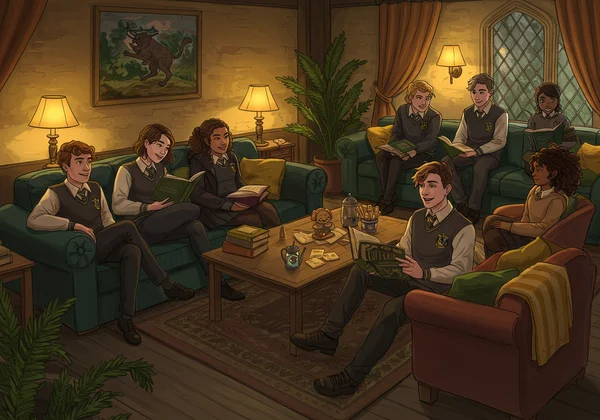 Diverse group of students in a welcoming, cozy Hufflepuff common room.