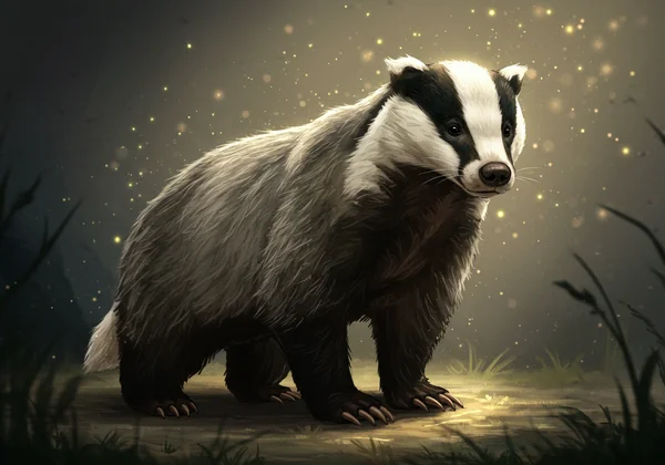 Stylized badger standing resilient and strong in a magical setting.