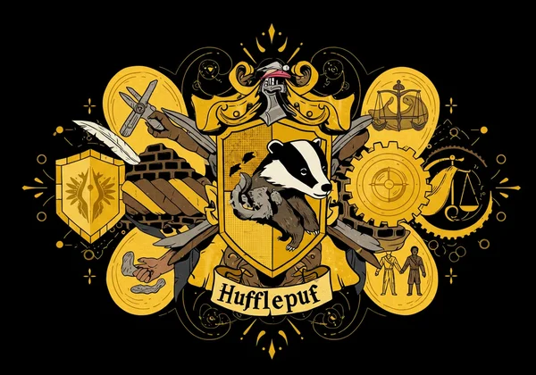 Badger crest surrounded by elements representing Hufflepuff traits.