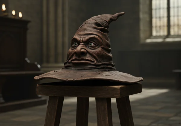 A magical sorting hat, old and wise, ready to sort students.