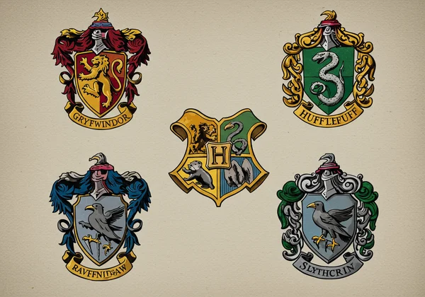 The four vibrant crests of the Hogwarts houses.