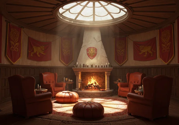 Cozy Gryffindor common room with a roaring fireplace.