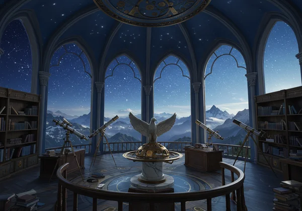 Airy Ravenclaw common room with a view of the stars.