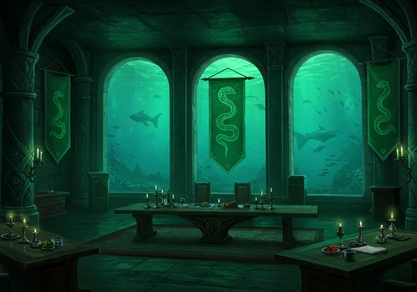 Grand Slytherin common room with an underwater view.