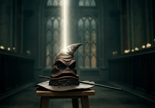 Hogwarts Sorting Hat glowing on a mystical stand.