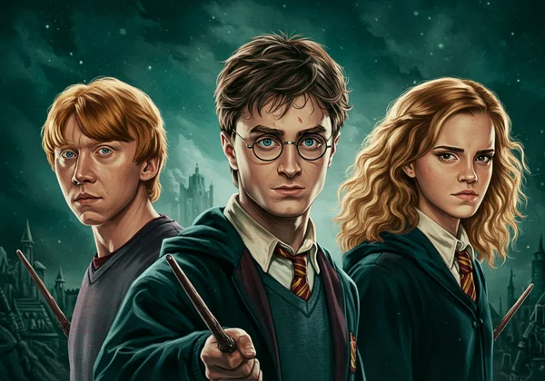 The Golden Trio, Harry, Hermione, and Ron, looking brave