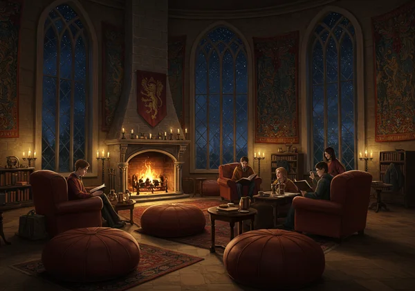 Cozy Gryffindor common room with students
