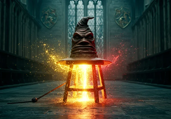 Sorting Hat on a stool, glowing with magical light