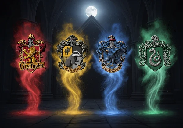 Four Hogwarts house crests emerging from magic dust