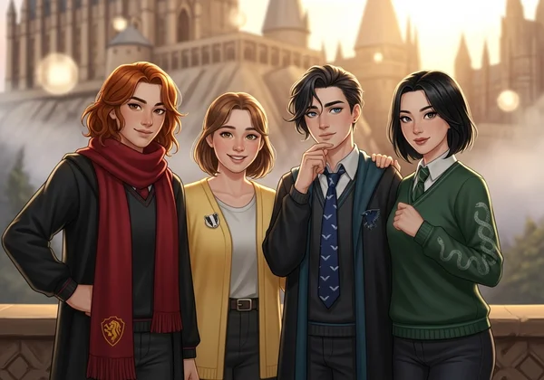 Four diverse students representing different Hogwarts houses