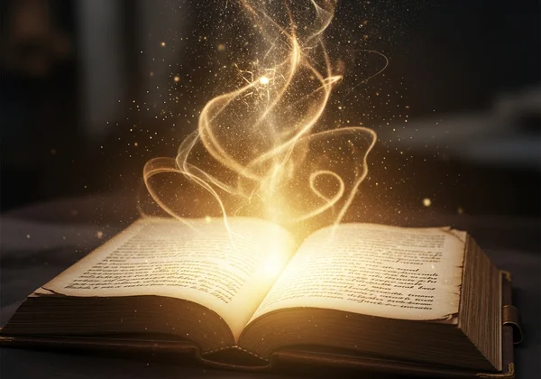 كتاب سحري مفتوح بصفحات متوهجة، يمثل قصتنا